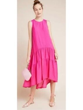 Anthropologie Marlene Pink High-Low Tiered Sleeveless Dress Boho Festival